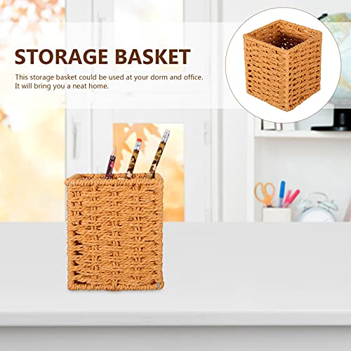 Cabilock Yellow Wicker Pencil Holder Pen Holder Rattan Makeup Brush Holder Makeup Holder Pencil Cup Desk Cup Holder Cutlery Utensil Caddy Silverware Holder