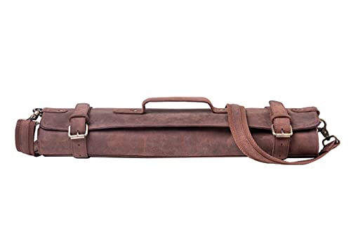 Jucos Products Knife Roll Bag - Authentic Vintage Leather Knife Roll for Safe and Secure Knife Storage with Handle for Travel | Elegant Leather Knife Bag Holds 12 Knives and 5 Medium Tools | Brown