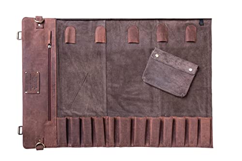 Jucos Products Knife Roll Bag - Authentic Vintage Leather Knife Roll for Safe and Secure Knife Storage with Handle for Travel | Elegant Leather Knife Bag Holds 12 Knives and 5 Medium Tools | Brown