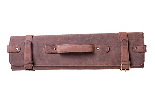 Jucos Products Knife Roll Bag - Authentic Vintage Leather Knife Roll for Safe and Secure Knife Storage with Handle for Travel | Elegant Leather Knife Bag Holds 12 Knives and 5 Medium Tools | Brown