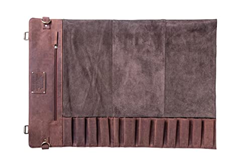 Jucos Products Knife Roll Bag - Authentic Vintage Leather Knife Roll for Safe and Secure Knife Storage with Handle for Travel | Elegant Leather Knife Bag Holds 12 Knives and 5 Medium Tools | Brown