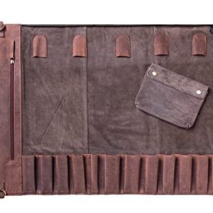 Jucos Products Knife Roll Bag - Authentic Vintage Leather Knife Roll for Safe and Secure Knife Storage with Handle for Travel | Elegant Leather Knife Bag Holds 12 Knives and 5 Medium Tools | Brown