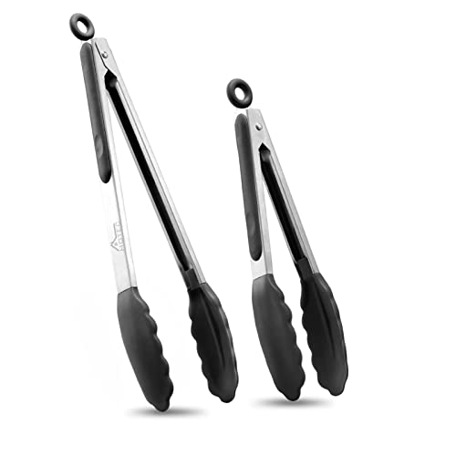 HOTEC Premium Stainless Steel Locking Kitchen Tongs with Silicon Tips, Set of 2-9" and 12"