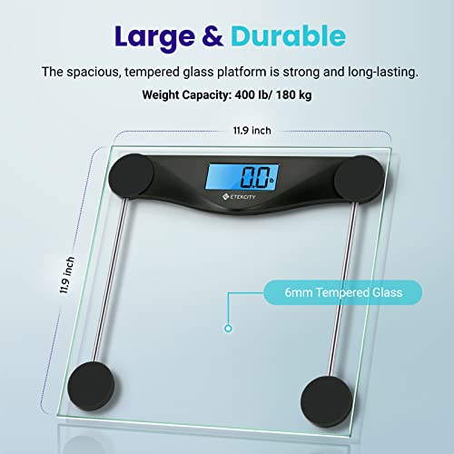 Etekcity Digital Body Weight Bathroom Scale, Large Blue LCD Backlight Display, High Precision Measurements, 6mm Tempered Glass, 400 Pounds, Black