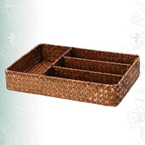 Cabilock Kitchen Utensil Drawer Organizer with Dividers Rattan Flatware Basket Natural Wicker Serving Basket Flatware Cutlery Organiser Tray for Flatware and Kitchen Utensils Coffee