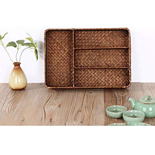 Cabilock Kitchen Utensil Drawer Organizer with Dividers Rattan Flatware Basket Natural Wicker Serving Basket Flatware Cutlery Organiser Tray for Flatware and Kitchen Utensils Coffee