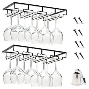 under cabinet wine glass holder – 4 row hanging wine glass rack with a steel wine stopper – our under shelf wine glass holder is great for wine, brandy, margarita, martini & more – 2 racks, black
