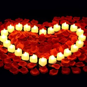 2000 pieces artificial rose petals with 24 pieces led tea lights candles, cridoz romantic decorations special night set for romantic night, valentine’s day, wedding anniversary or table décor