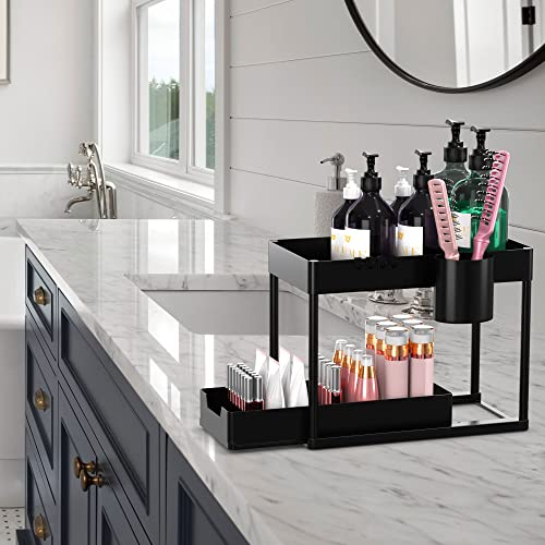 LEEL Under Sink Organizer storage, 2-Tier Pull-Out Kitchen Under Sink Storage Box with Hook and Hanging Cup, Suitable for kitchen - bathroom - rv - office multi-functional organizer.