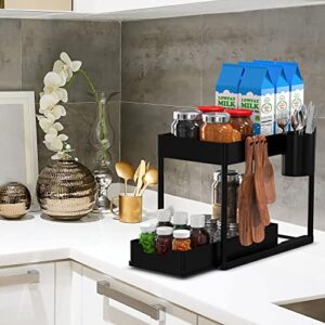 LEEL Under Sink Organizer storage, 2-Tier Pull-Out Kitchen Under Sink Storage Box with Hook and Hanging Cup, Suitable for kitchen - bathroom - rv - office multi-functional organizer.