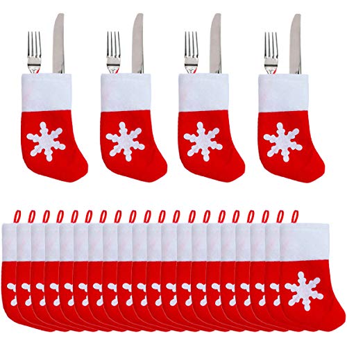 24 Packs Christmas Dinner Table Decorations, Mini Snowflake Tableware Holders, Christmas Socks Decoration Xmas Candy Pouch Bag Socks Stockings Knife Spoon Fork Bag for Christmas Party Decoration Gifts