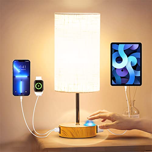 KPQ 【Upgraded】 Bedside Lamp Touch Control Table Lamp with USB A+C Charging Ports & AC Outlet 3-Way Dimmable Nightstand Lamp with Linen Fabric Shade for Bedroom Living Room(E26 Light Bulb Included)