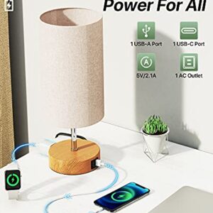 KPQ 【Upgraded】 Bedside Lamp Touch Control Table Lamp with USB A+C Charging Ports & AC Outlet 3-Way Dimmable Nightstand Lamp with Linen Fabric Shade for Bedroom Living Room(E26 Light Bulb Included)