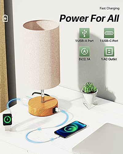 KPQ 【Upgraded】 Bedside Lamp Touch Control Table Lamp with USB A+C Charging Ports & AC Outlet 3-Way Dimmable Nightstand Lamp with Linen Fabric Shade for Bedroom Living Room(E26 Light Bulb Included)