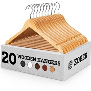 zober wooden hangers 20 pack – non slip wood clothes hanger for suits, pants, jackets w/ bar & cut notches – heavy duty clothing hanger set – coat hangers for closet – natural