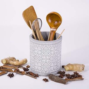 MADECO Farmhouse Kitchen Utensil Holder, Large Utensil Holders for Countertop, Ceramic Utensil Crock, Cooking Utensil Holder, Embossed Pattern