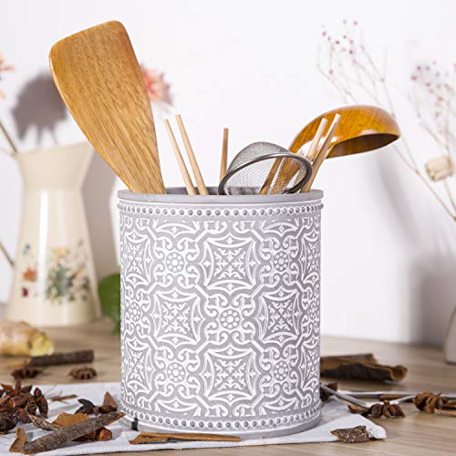 MADECO Farmhouse Kitchen Utensil Holder, Large Utensil Holders for Countertop, Ceramic Utensil Crock, Cooking Utensil Holder, Embossed Pattern