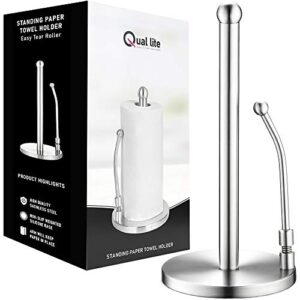 qual-lite stainless steel paper towel holder stand – weighted paper towel organizer with tension arm for any tissue roll size – modern countertop paper towel holder – rust-proof