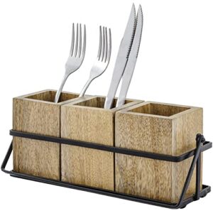mygift natural solid mango wood flatware holder with black metal wire display tray with handle, kitchen countertop dining utensil caddy, 4 piece set – handmade in india