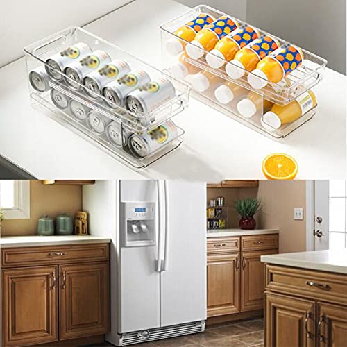 Double layer Soda Can Organizer for Refrigerator,Transparent Dispenser Beverage Holder for Fridge Freezer Kitchen Countertop Cabinets,2-Tiers Automatic Rolling Plastic Canned Food Pantry Storage Rack