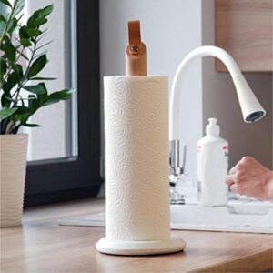 paper towel holder countertop – auolis wooden paper towel rack – stand kitchen accessories paper towels rolls dispenser with leather handle & cement base ,for bathroom and farmhouse(white)