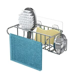 HapiRm 4 in 1 Adhesive Sink Caddy Sponge Holder, SUS304 Stainless Steel Sink Basket Brush Holder + Dish Cloth Hanger + Soap Rack + Sink Stopper Holder with 2 Installation Ways - Silver