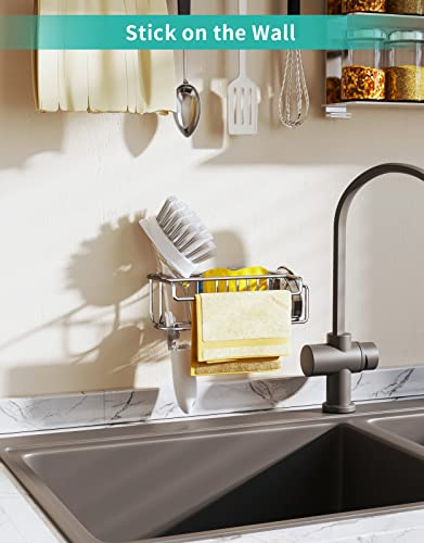HapiRm 4 in 1 Adhesive Sink Caddy Sponge Holder, SUS304 Stainless Steel Sink Basket Brush Holder + Dish Cloth Hanger + Soap Rack + Sink Stopper Holder with 2 Installation Ways - Silver