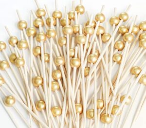 200pcs cocktail picks, fancy cocktail toothpicks for appetizers picks, handmade bamboo cocktail skewers for appetizers fruit party, gold pearl food picks charcuterie accessories (4.7 inch)