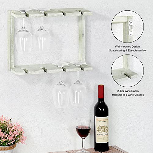 OYEAL Wine Glass Rack Wall Mounted Wood Stemware Storage Holder Rustic 2 Tier Hanging Wine Glass Storage Rack Kitchen Wine Glass Holder, Set of 2, Rustic Green