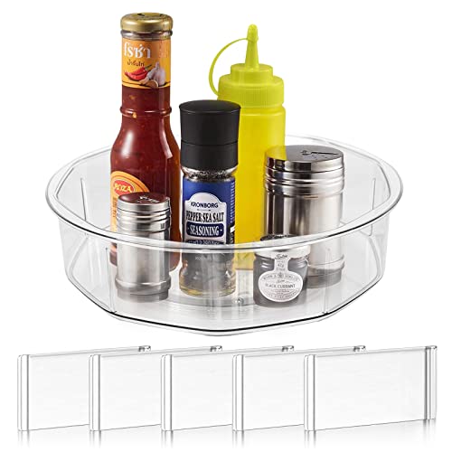 Lazy Susan Organizer for Cabinet, Round Turntable Organizer with 5 Dividers Pantry Plastic Clear Storage for Fridge Living Room Kitchen Spice Rack Foods Cosmetics Perfumes Organization