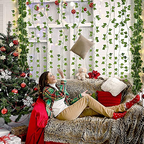 JACKYLED 84Ft 12 Pack Artificial Ivy Garland Fake Plants, Ivy Leaves with CE Certified 80 LED String Lights, Hanging Ivy Lights for Aesthetic Bedroom Garden Party Wall Room Decor