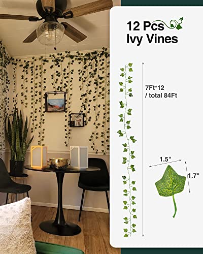 JACKYLED 84Ft 12 Pack Artificial Ivy Garland Fake Plants, Ivy Leaves with CE Certified 80 LED String Lights, Hanging Ivy Lights for Aesthetic Bedroom Garden Party Wall Room Decor