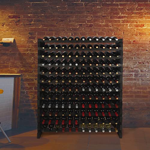 DisplayGifts Pine Wooden Wine Holder Stackable Modular Display Shelves Wine Rack Storage Stand Thick Wood Black 12 X 12 Rows 144 Slots