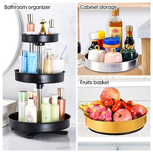 Pearlead Metal 3 Tier Lazy Susan Turntable Rotating Kitchen Spice Organizer Rack Spinning Food Storage Container Tray for Cabinets Pantry Bathroom Fridge Black 1.7" Edge