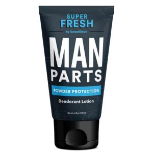 super fresh man parts ball deodorant for men – 2-in-1 deodorant & powder lotion that deodorizes and stops sticky, itchy, smelly man parts – aluminum free, no talc, no parabens – dermatologist tested – made in usa – 4 fl oz tube