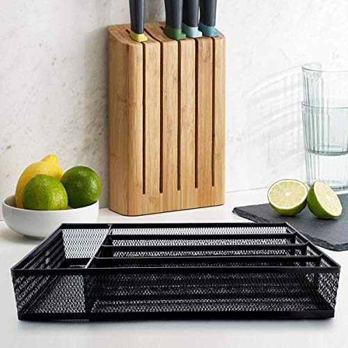 Ipanda Cutlery Tray, Cutlery Organizer, Non-Silp 5 Compartments Utensil Drawer Storage, Kitchen/Office, Steel Mesh Silverware Drawer/Holder/Divider (Black)