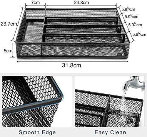 Ipanda Cutlery Tray, Cutlery Organizer, Non-Silp 5 Compartments Utensil Drawer Storage, Kitchen/Office, Steel Mesh Silverware Drawer/Holder/Divider (Black)