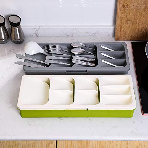 CEGAR Flatware organizer, Expandable Kitchen Drawer Organizer for Cutlery Silverware. Drawer Organizer Tray, BPA Free, 16.0 x 6.6 x 2.4 Inches（406 x 166 x 59 mm, Cream and Green