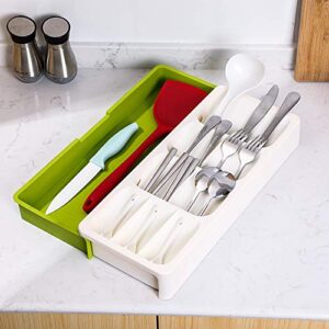 CEGAR Flatware organizer, Expandable Kitchen Drawer Organizer for Cutlery Silverware. Drawer Organizer Tray, BPA Free, 16.0 x 6.6 x 2.4 Inches（406 x 166 x 59 mm, Cream and Green