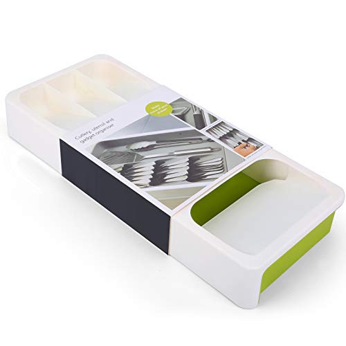 CEGAR Flatware organizer, Expandable Kitchen Drawer Organizer for Cutlery Silverware. Drawer Organizer Tray, BPA Free, 16.0 x 6.6 x 2.4 Inches（406 x 166 x 59 mm, Cream and Green