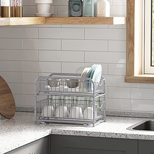 SONGMICS 2-Pack Kitchen Shelves and Pull-Out Cabinet Organizer Bundle, Stackable, Under Sink Organizers with Storage Baskets, for Kitchen Bathroom UKCS02NW and UKCS017E01
