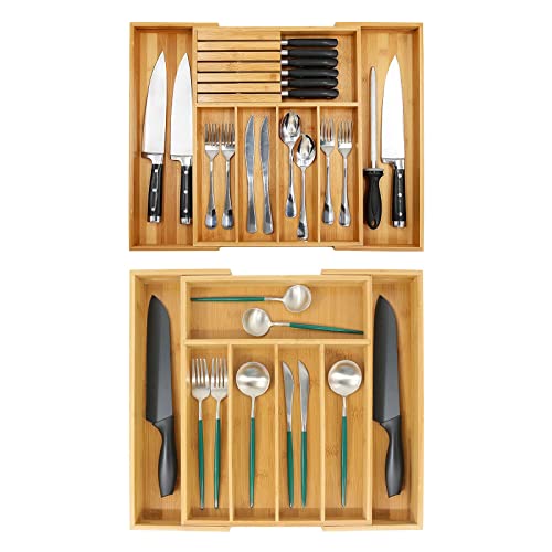 Bamboo Silverware Tray for Drawer, Expandable Utensils Drawer Organizer, Cutlery Dividers, 5-7 Compartments