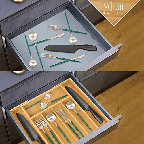 Bamboo Silverware Tray for Drawer, Expandable Utensils Drawer Organizer, Cutlery Dividers, 5-7 Compartments