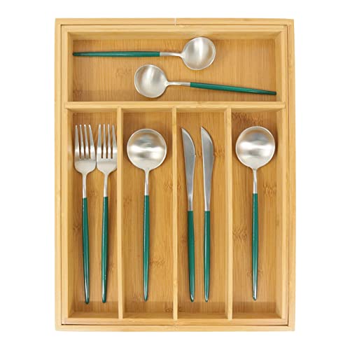 Bamboo Silverware Tray for Drawer, Expandable Utensils Drawer Organizer, Cutlery Dividers, 5-7 Compartments