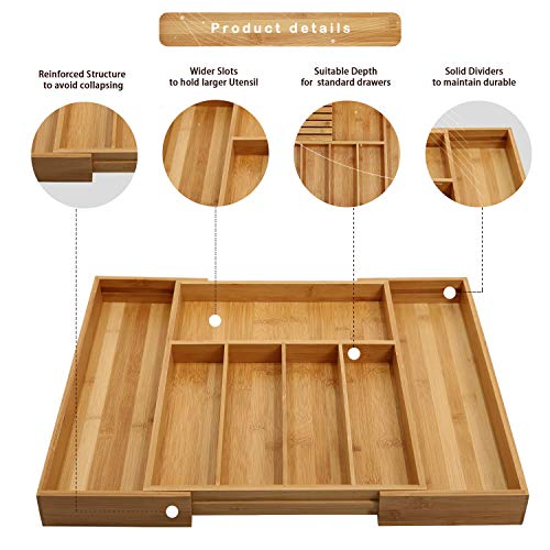 Bamboo Silverware Tray for Drawer, Expandable Utensils Drawer Organizer, Cutlery Dividers, 5-7 Compartments