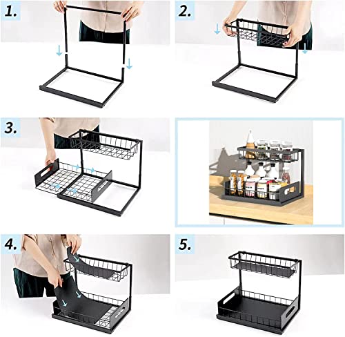 Under Sink Cabinet Organizer 2 Tier Pull Out Cabinet Organizer Cabinet Storage Shelf Multi-purpose Storage Shelf for Bathroom Kitchen (Black)