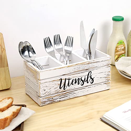 MyGift White Washed Solid Wood Farmhouse Kitchen Utensil Holder for Countertop with 3 Compartments and Stenciled UTENSILS Design, Flatware Organizer Holder