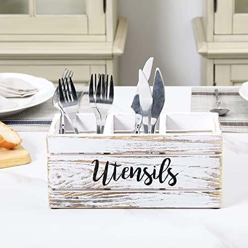 MyGift White Washed Solid Wood Farmhouse Kitchen Utensil Holder for Countertop with 3 Compartments and Stenciled UTENSILS Design, Flatware Organizer Holder