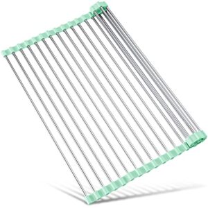 tomorotec 17.7″ x 15.5″ roll up foldable dish drying rack, rollable dish racks multipurpose anti-corrosion 304 stainless steel over sink kitchen drainer rack for cups fruits vegetables (green)