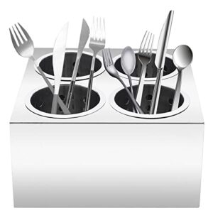 bjtdllx commercial 4-hole flatware cylinder holder with cups, 4-compartment stainless steel cylinder flatware silverware caddy utensil holder organizer canddy countertop for restaurant kitchen